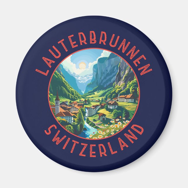 Lauterbrunnen Schweiz Retro Distress Circle Magnet (Framsidan)