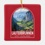 Lauterbrunnen Schweiz Travel Art Vintage Julgransprydnad Keramik<br><div class="desc">Lauterbrunnen retro-vektorfärgsdesign. Ställ in i en dal med klippklippor och staubbach Falls.</div>