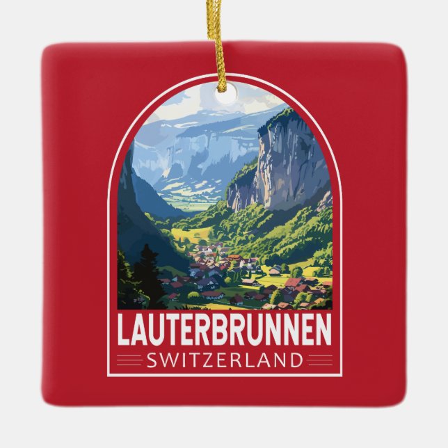 Lauterbrunnen Schweiz Travel Art Vintage Julgransprydnad Keramik (Framsida)