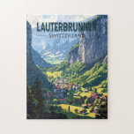 Lauterbrunnen Schweiz Travel Art Vintage Pussel<br><div class="desc">Lauterbrunnen retro-vektorfärgsdesign. Ställ in i en dal med klippklippor och staubbach Falls.</div>