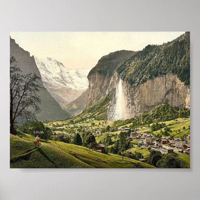 Lauterbrunnen Valley med Staubbach, Bernese Oberl Poster (Framsidan)