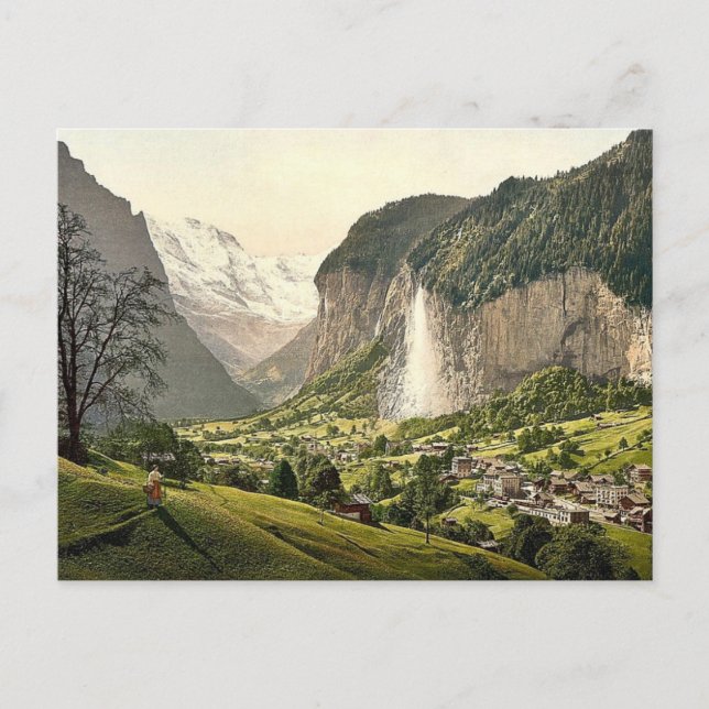 Lauterbrunnen Valley med Staubbach, Bernese Oberl Vykort (Framsida)