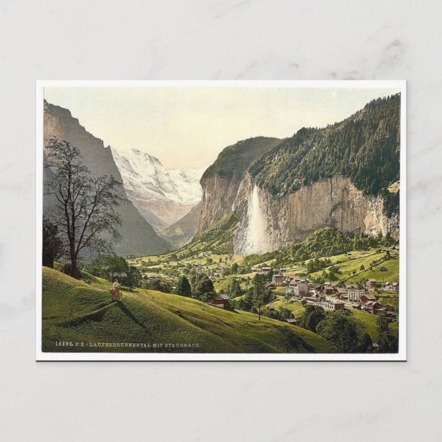 Lauterbrunnen Valley med Staubbach, Bernese Oberl Vykort (Framsida)