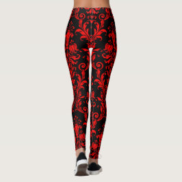 Lava Red on Black Blommigt Swirls Damask Leggings