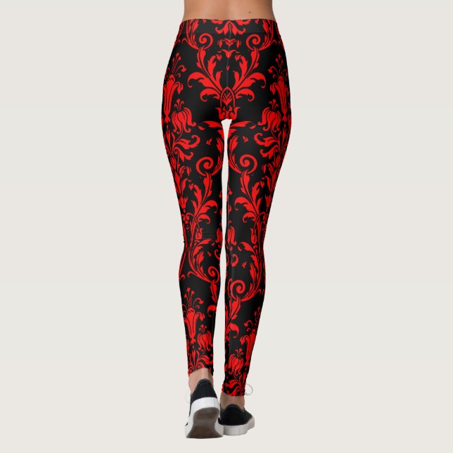 Lava Red on Black Blommigt Swirls Damask Leggings (Baksida)