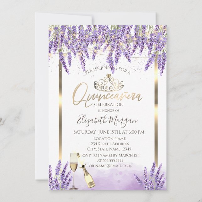 Lavanda Ram Vin Quinceanera Inbjudningar (Framsida)