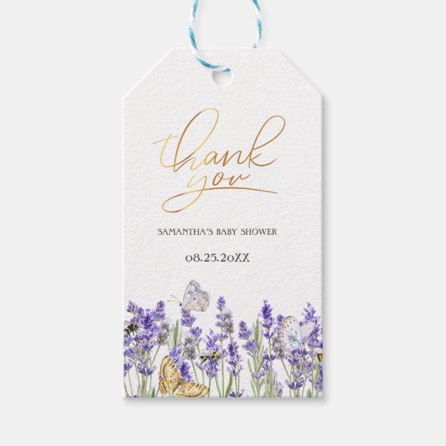 Lavander Butterflies Botanical Baby Shower Presentetikett (Framsidan)