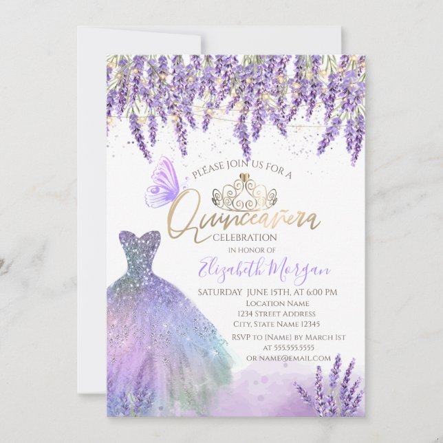 Lavander,String Ljus,Glitter Dress Quinceanera Inbjudningar (Framsida)