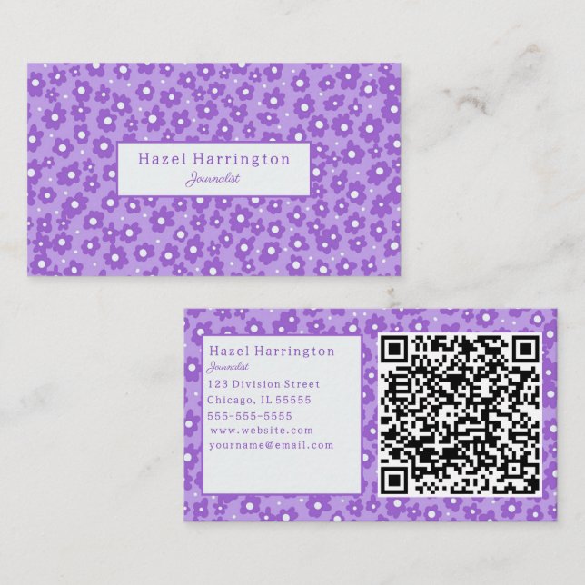 Lavendar Flowers QR Code Affärskorts Cute Visitkort (Fram/baksida)