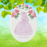 Lavendar Trail Maid Watercolor Julgransprydnad Keramik<br><div class="desc">Utformning baserad på en ursprunglig vattenfärgsmålning av butiksägaren. Tåliga jungfruar är ambassadörer för staden Mobile, Al. Den här designen skapades från mina vattenfärgade målningar. De vackra ambassadörerna för den ikoniska staden stod i kontakt med vattenfärgade blommor och löv till ram. Lavendelklänningen, parasolen och den hårda hatten är otvetydiga. Anpassa meddelandet...</div>