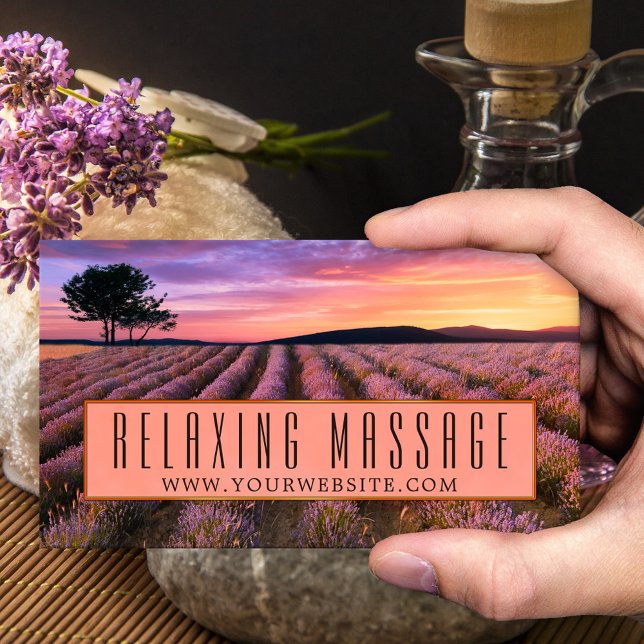 Lavendel Avslappnande Massage Terapeut Affärskort Visitkort (Business card featuring an image of a lavender field at sunset. Beautiful for a massage therapist)
