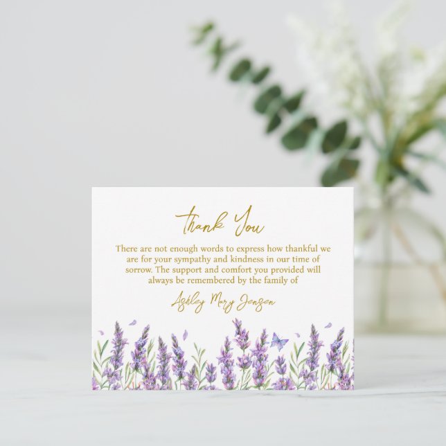 Lavendel Begravning Tacksamhetskort Sorg Tack Kort (Stående Fram)