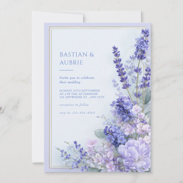Lavendel Blågröna Guld Dubbel Ram Bröllop Inbjudningar (Framsida)
