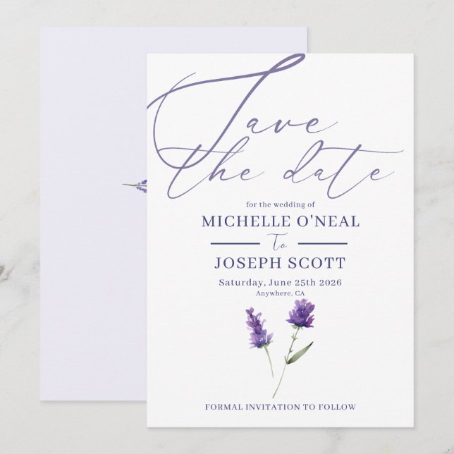 Lavendel Bliss Elegant Watercolor Bröllop Spara Datumet (Fram/baksida)