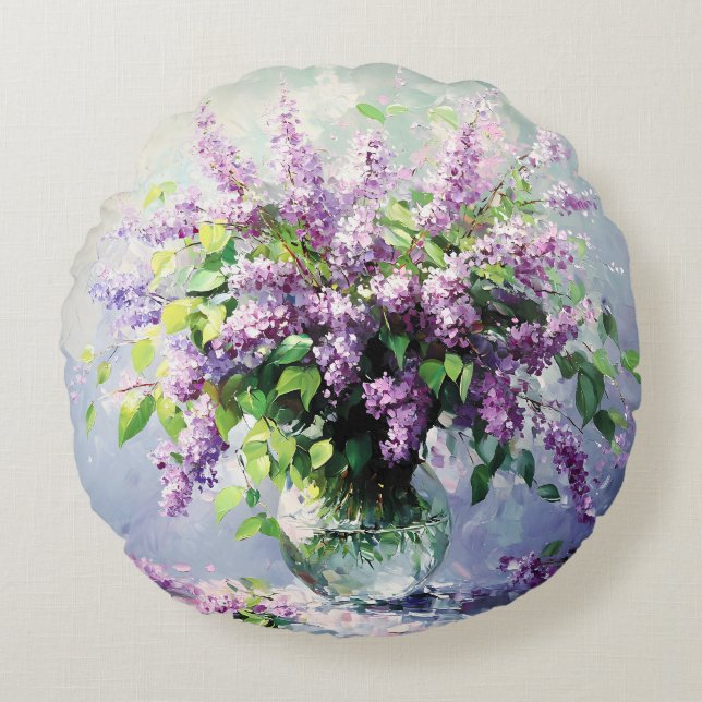 Lavendel blommande syrenbukett rund kudde (Framsidan)
