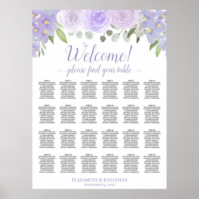 Lavendel Blommig 24 Bord Bröllop Placeringsplan Poster (Framsidan)