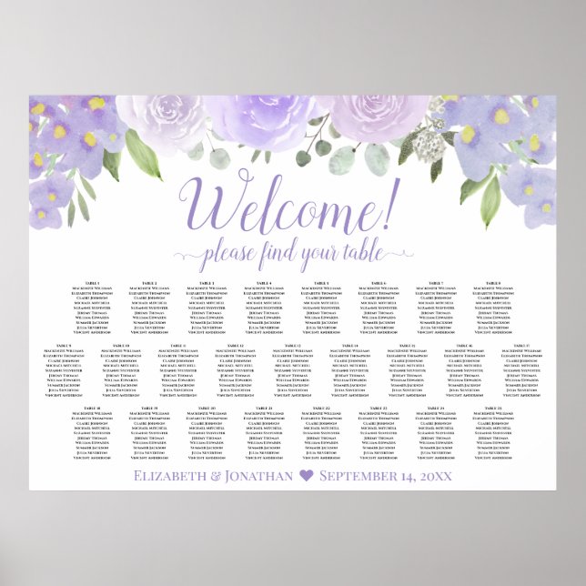 Lavendel Blommig 25 Bord Bröllops Sittplatsschema Poster (Framsidan)