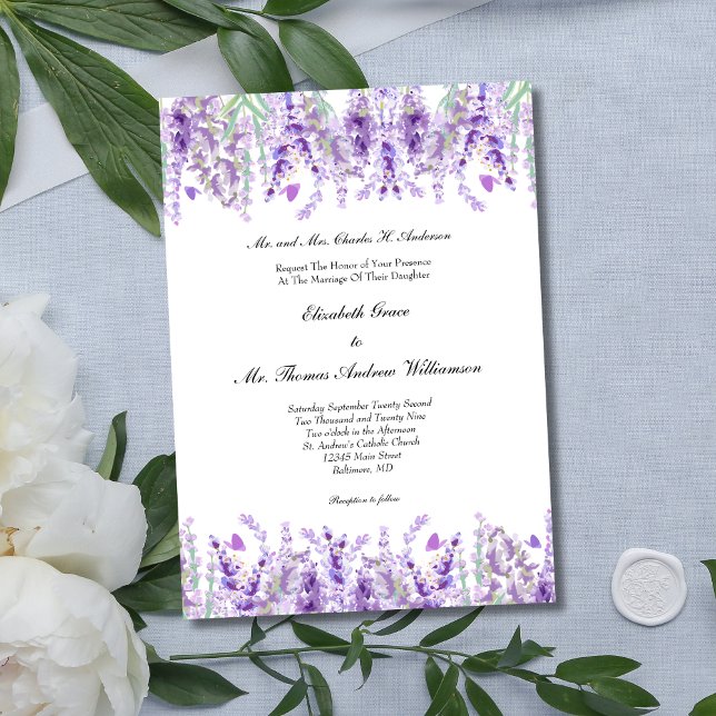 Lavendel Blommig Botanisk Elegant Bröllop Inbjudningar (Lavender Floral Botanical Elegant Watercolor Wedding Invitation)