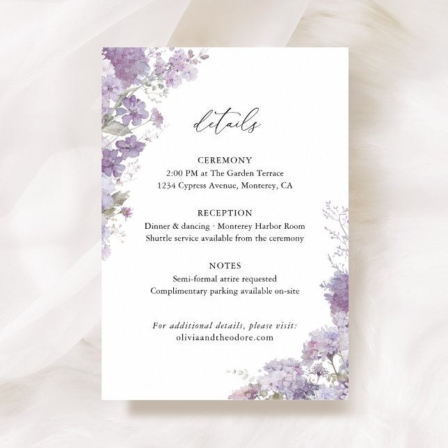 Lavendel Blommig Bröllopsdetaljer, Information Tilläggskort (Lavender floral wedding details card with watercolor hydrangea, lilac, elegant wedding stationery)