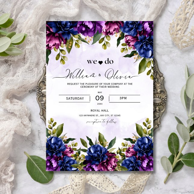 Lavendel Blommig Bröllopsinbjudan, Elegant Lila Inbjudningar (Skapare uppladdad)