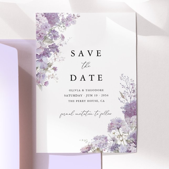 Lavendel Blommig Elegant Bröllop Spara datum Datum Datumet (Lavender floral save the date card with watercolor hydrangea, elegant lilac wedding stationery)