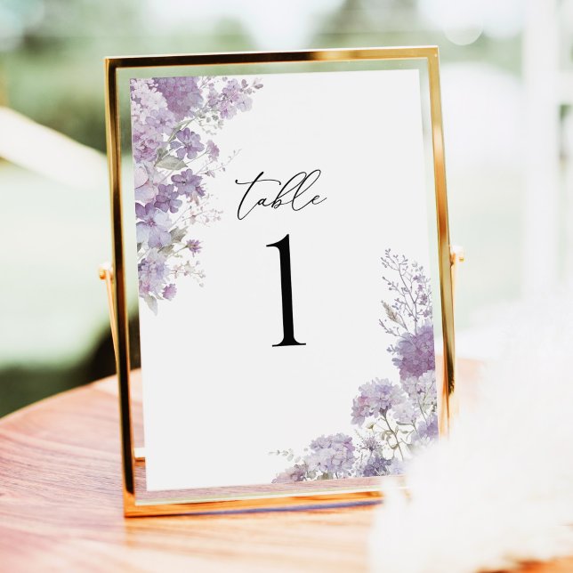 Lavendel Blommig Eleganta Bordskort till Bröllop (Lavender floral wedding table number card, watercolor hydrangea, purple reception table decor sign)
