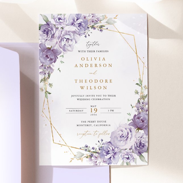 Lavendel Blommig Guld Geometrisk Bröllop Inbjudningar (Lavender Floral Gold Geometric Wedding Invitation, elegant purple rose wedding invite stationery)