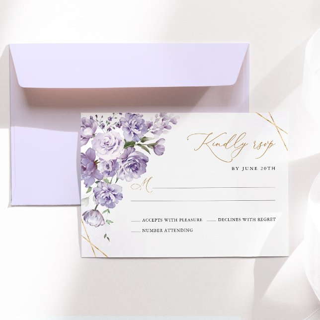 Lavendel Blommig Guld Geometrisk Bröllop RSVP-kort OSA Kort (Lavender Floral Gold Geometric Wedding RSVP Card, elegant purple rose wedding stationery)