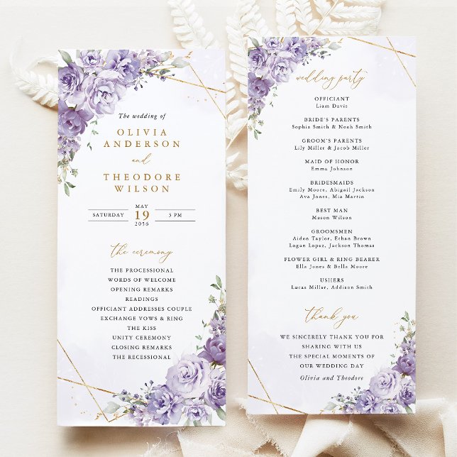 Lavendel Blommig Guld Geometrisk Bröllopsceremoni Program (Lavender Floral Gold Geometric Wedding Program, Elegant Purple Rose Wedding Ceremony Program)