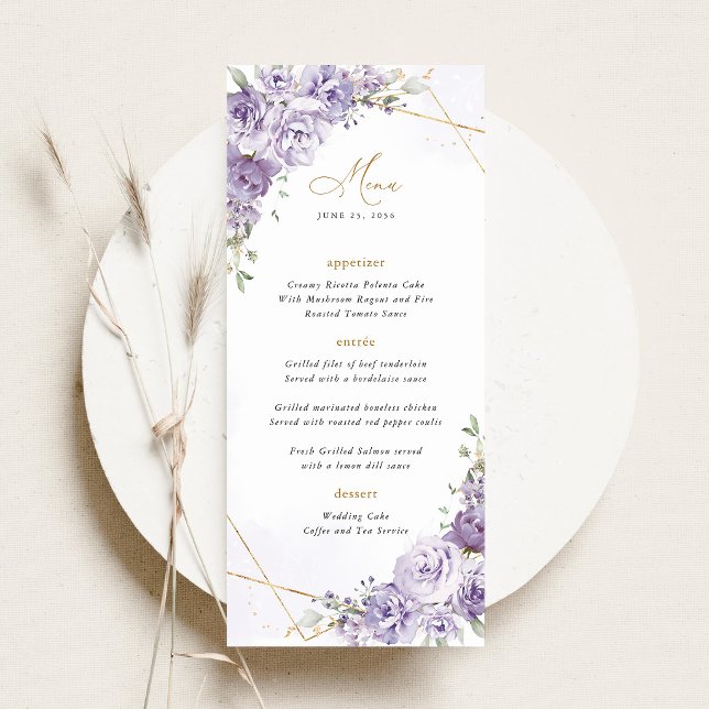 Lavendel Blommig Guld Geometrisk Bröllopsmottagnin Meny (Lavender Floral Gold Geometric Wedding Menu Card, Elegant Purple Rose Reception Menu)