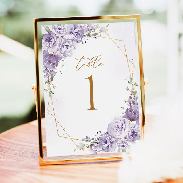 Lavendel Blommig Guld Geometriska Bordskortnummer (Lavender Floral Gold Geometric Wedding Table Number, elegant purple rose wedding table numbers)