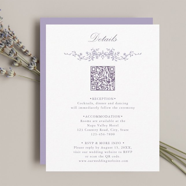 Lavendel Blommig Kant QR-kod Bröllopsdetaljer Tilläggskort (Skapare uppladdad)