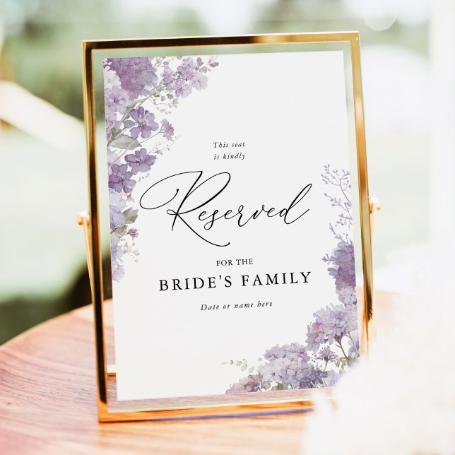 Lavendel Blommig Reserverad Sits Bröllopsskylt 13x Poster (Lavender floral reserved seat wedding sign watercolor purple lilac ceremony reserved seating sign)