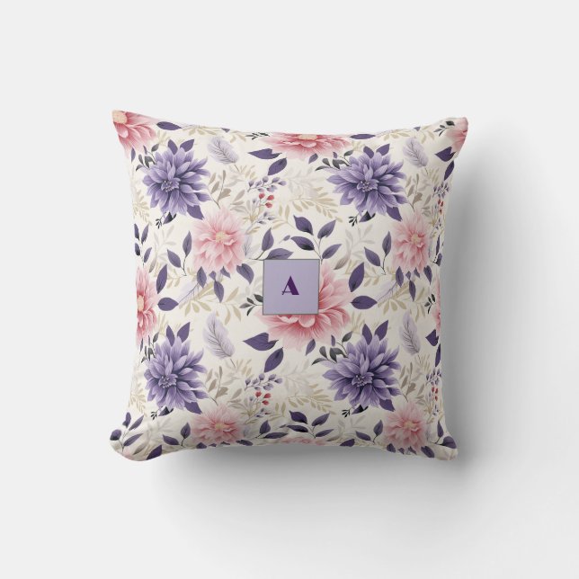 Lavendel blomstermönster monogram kudde (Framsida)