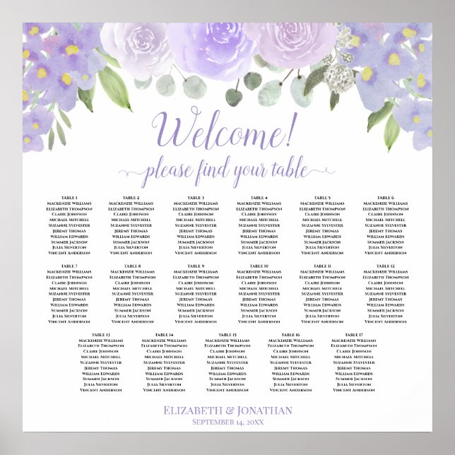 Lavendel Boho Rosor 17 Bord Bröllopsställning Diag Poster (Framsidan)