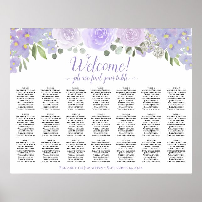 Lavendel Boho Rosor 21 Bord Bröllopsställning Poster (Framsidan)