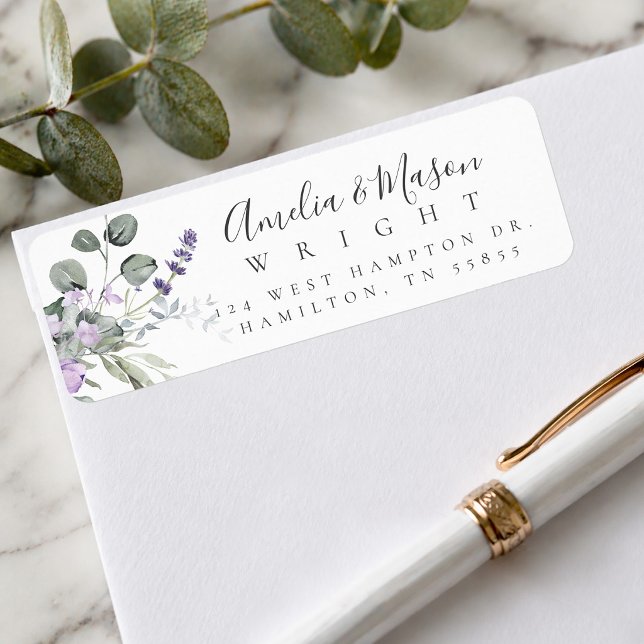 Lavendel Botanisk Elegant Skript Returadress Etikett (Lavender Botanical Elegant Script Return Address Label)