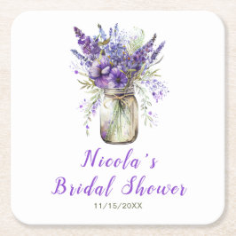 Lavendel bröllopsdusch i murarljusglas  underlägg papper kvadrat