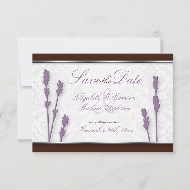 Lavendel & Brun Spara datum-kort Inbjudningar (Framsida)