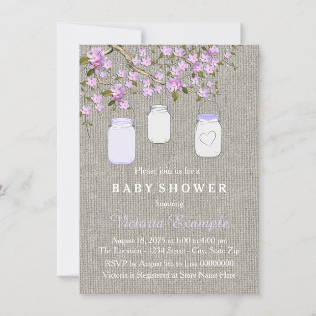 Lavendel burlap murkla baby shower inbjudningar (Framsida)
