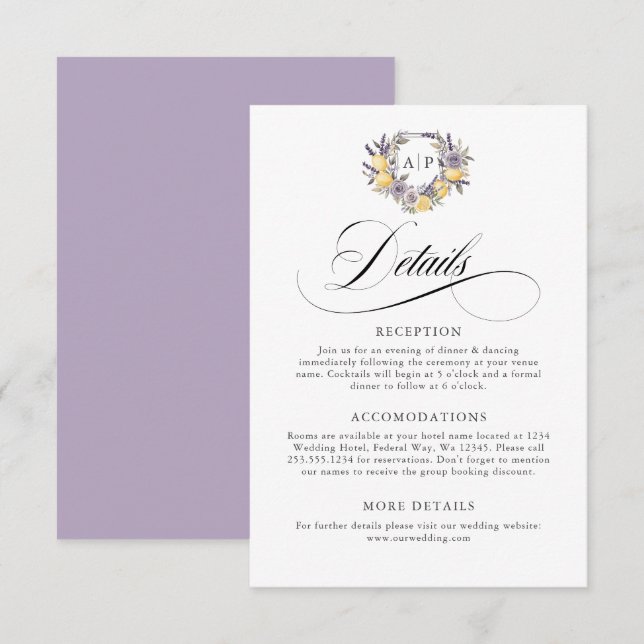 Lavendel Citron Monogram Blommig Kröningsdetalj Tilläggskort (Fram/baksida)