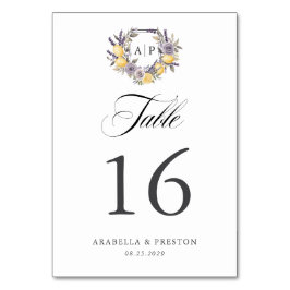 Lavendel Citron Monogram Blommig Vapen Bröllop Bordsnummer