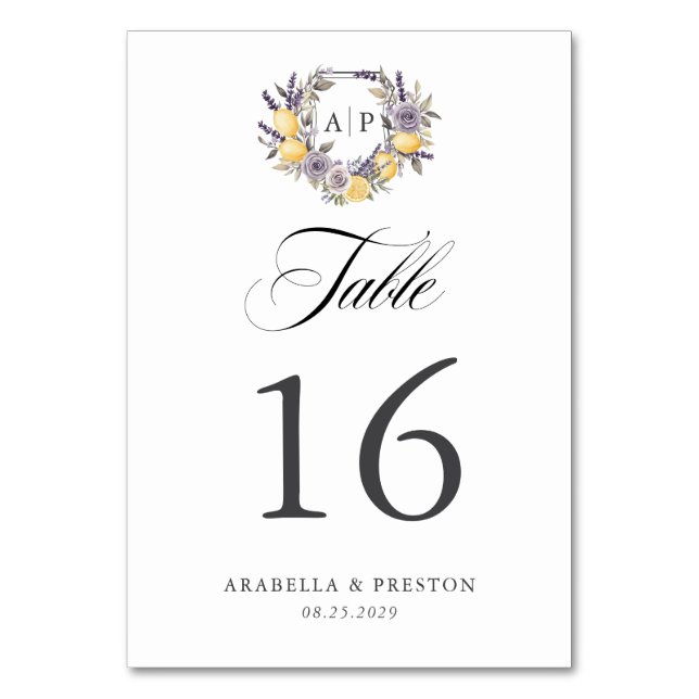 Lavendel Citron Monogram Blommig Vapen Bröllop Bordsnummer (Framsidan)