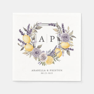 Lavendel Citron Monogram Blommig Vapen Bröllop Pappersservett