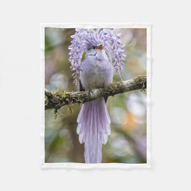 Lavendel Crested Fågel på Gren Fleecefilt (Framsidan)