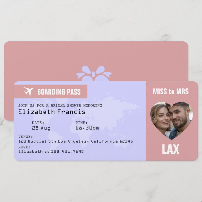 Lavendel & Dammrosa Ombordstigningskort Bröllopsfe Inbjudningar (Fram/baksida)