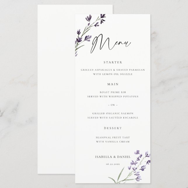 Lavendel delikat akvarell elegant chic bröllop meny (Fram/baksida)