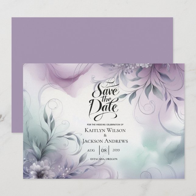 Lavendel Dis och Vattenfärg Visper Bröllop Spara Datumet (Fram/baksida)