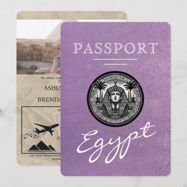 Lavendel Egypten Pass Bröllopsinbjudan Inbjudningar (Fram/baksida)