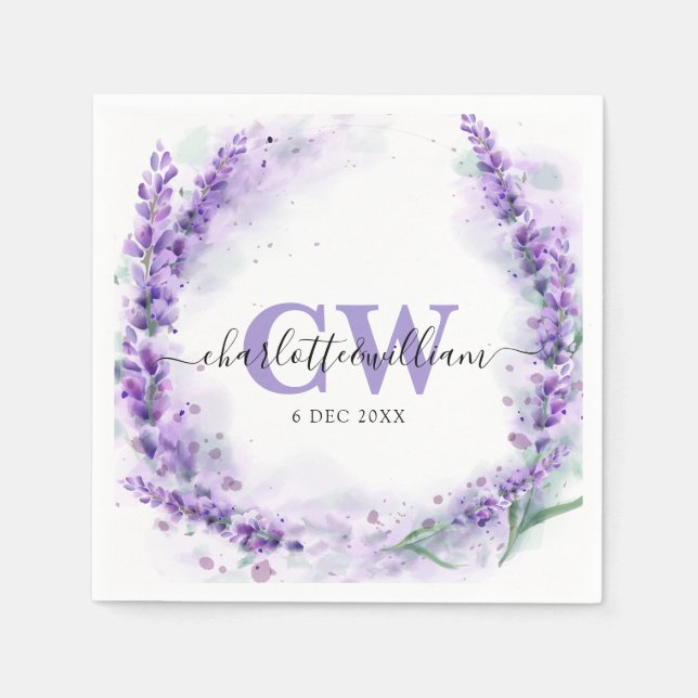 Lavendel Elegant Akvarell Monogram Bröllop Pappersservett (Framsidan)